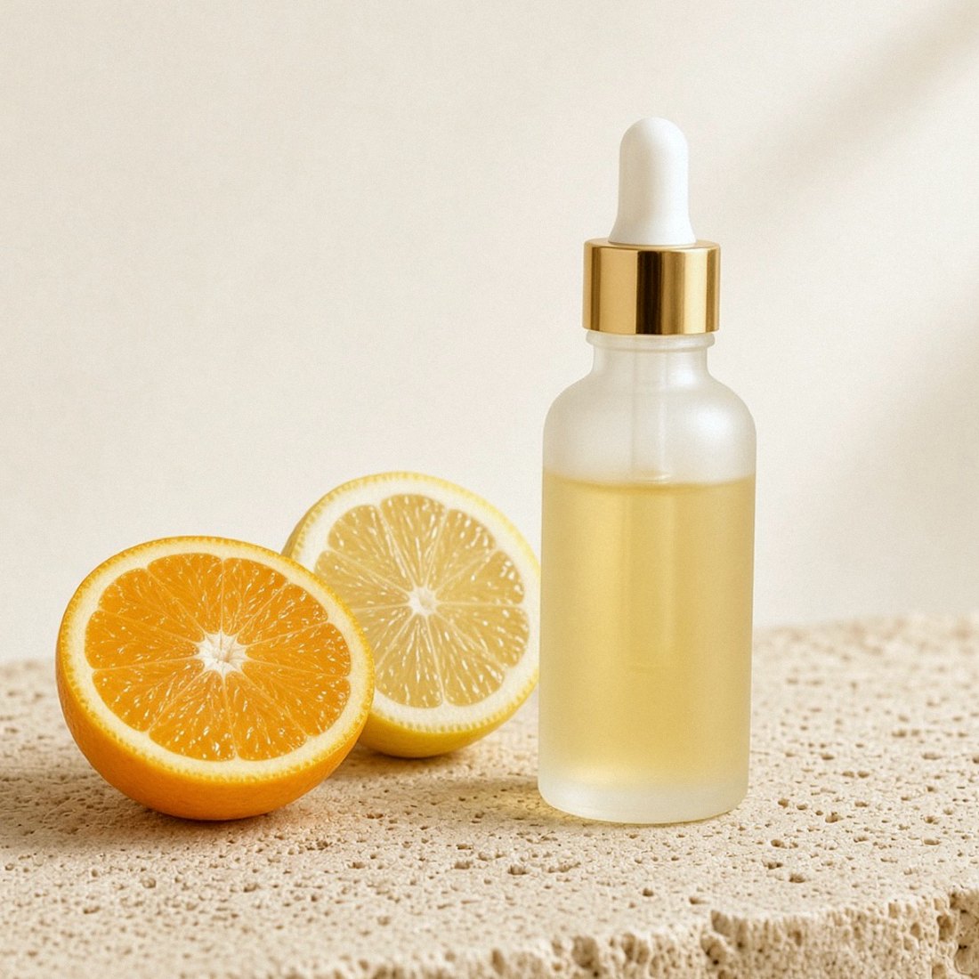 Flacone contagocce di soluzione agli agrumi con limone e arancia